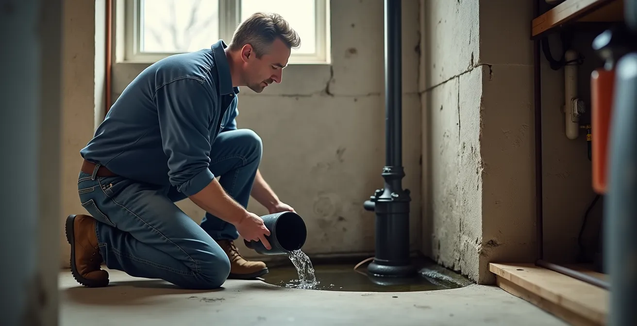 Propriétaire testant sa pompe de puisard avec un seau d'eau dans un sous-sol