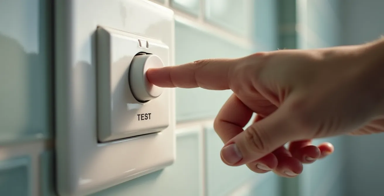Main testant le bouton test d'une prise DDFT dans une salle de bain moderne