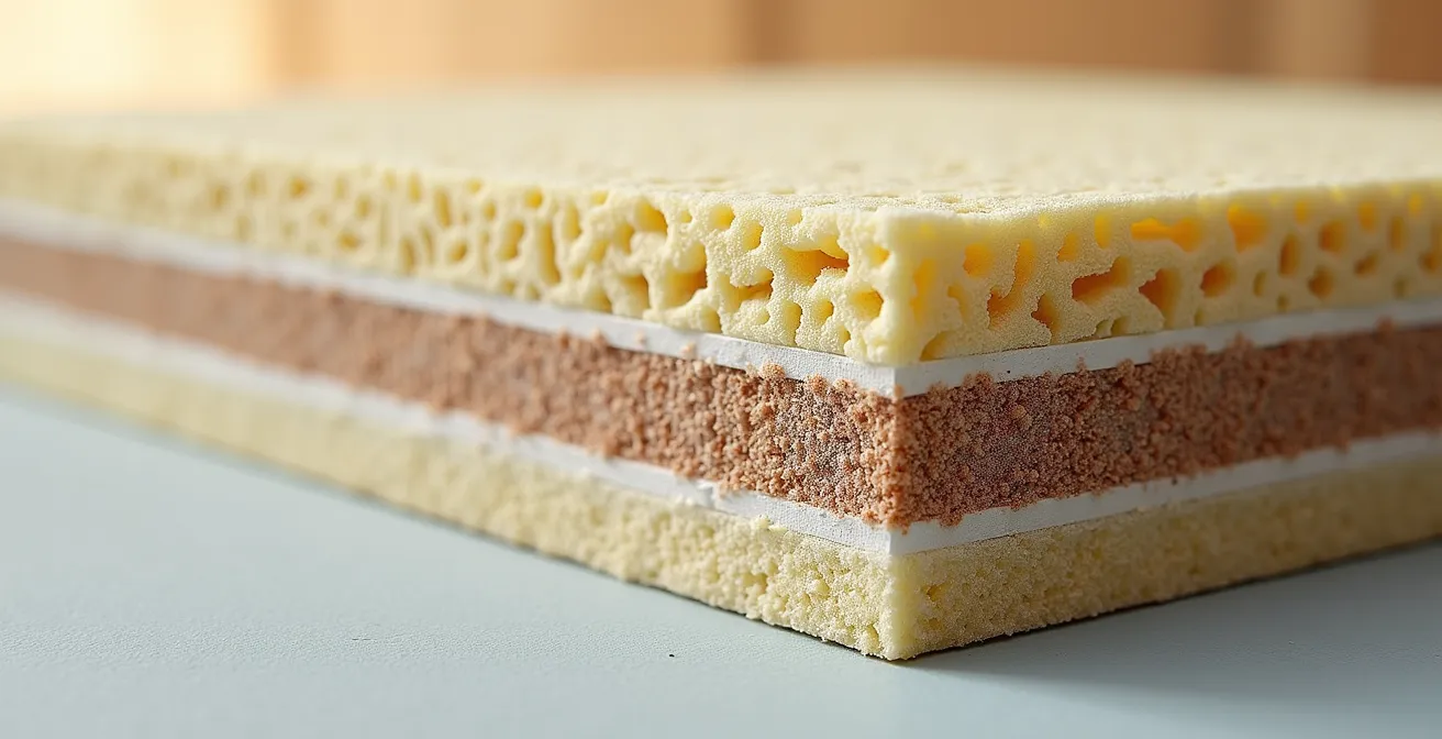 Coupe transversale détaillée d'un système d'isolation avec enduit acrylique montrant les différentes couches