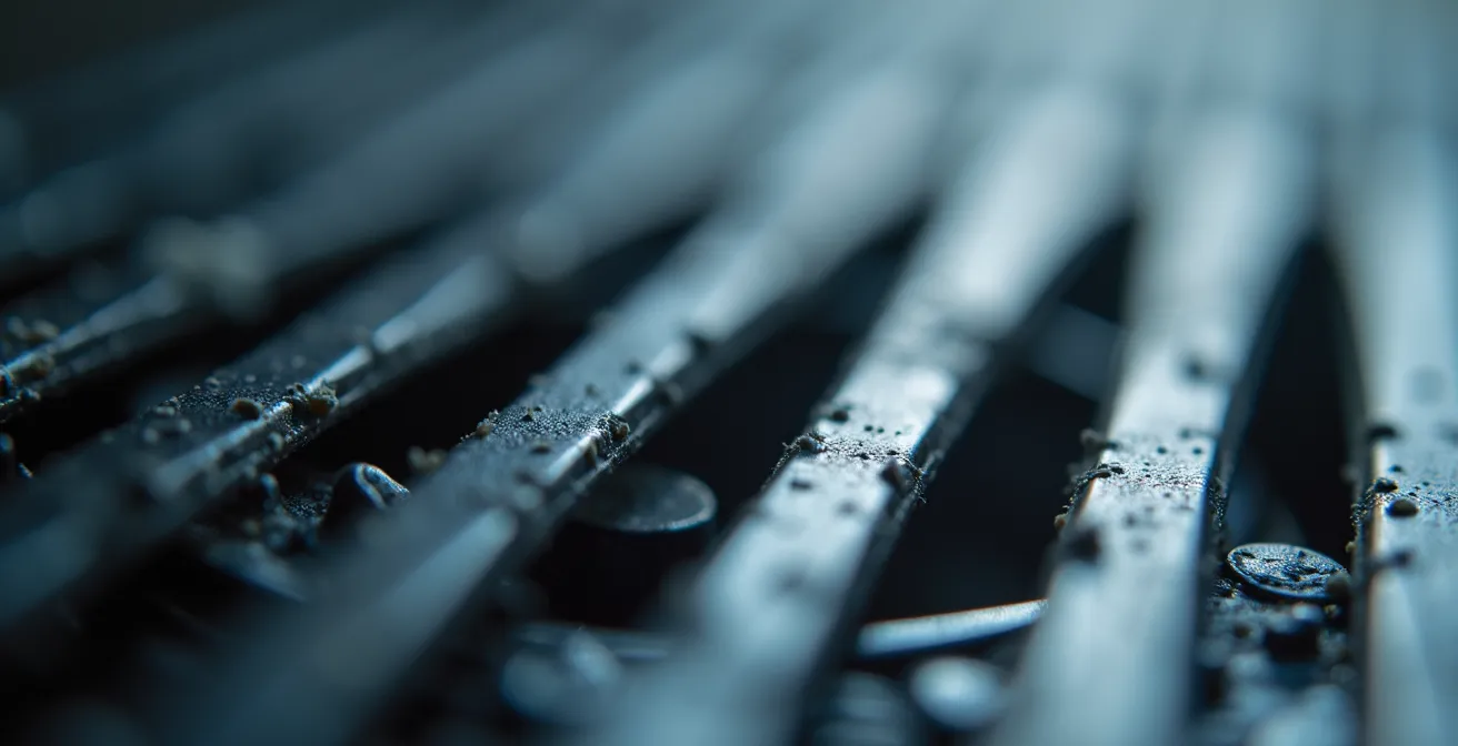 Vue en coupe d'un ventilateur de salle de bain installé au plafond avec conduit d'évacuation