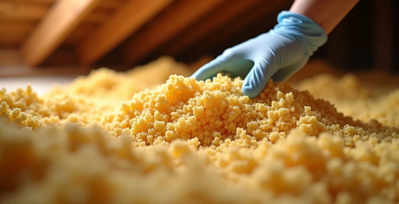 Inspection de vermiculite dans un grenier de maison montréalaise avec équipement de protection