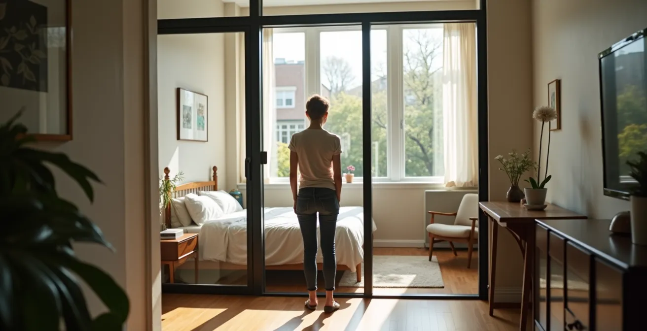 Verrière d'atelier avec cadre noir séparant un salon lumineux d'une chambre dans un appartement montréalais