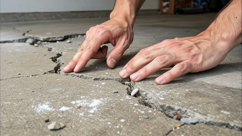 Gros plan sur béton de garage fissuré avec traces blanches de sel et écaillage typique des dégâts hivernaux