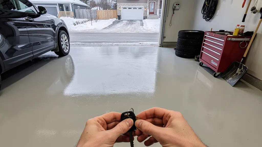 Garage résidentiel avec plancher époxy brillant et VUS stationné, lumière hivernale visible par la porte ouverte