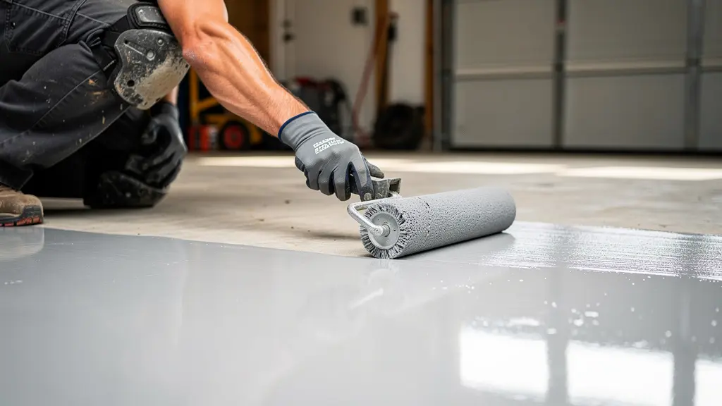 Technicien appliquant un revêtement époxy au rouleau dans un garage résidentiel, contraste visible entre zone traitée et béton brut