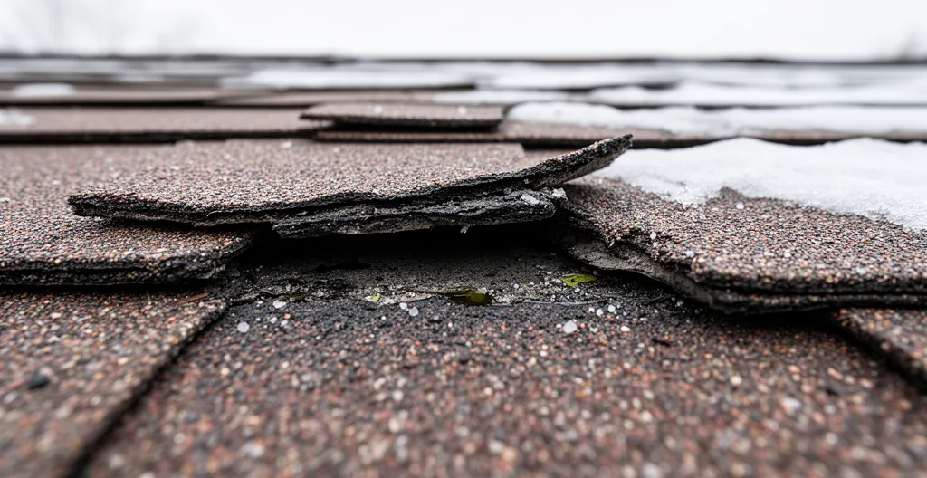 Détail de bardeaux d'asphalte endommagés montrant un risque d'infiltration