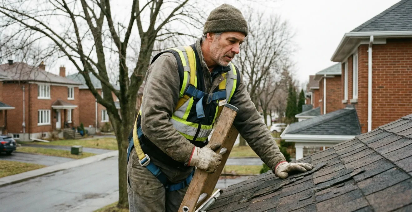 Couvreur québécois inspectant une toiture résidentielle à Montréal