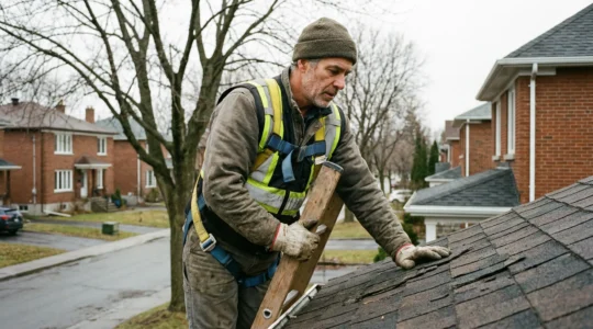 Couvreur québécois inspectant une toiture résidentielle à Montréal