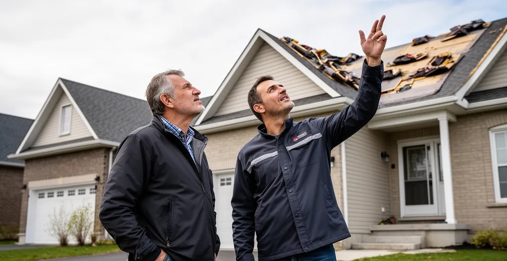 Propriétaire et couvreur professionnel discutant d'une soumission de toiture à Laval