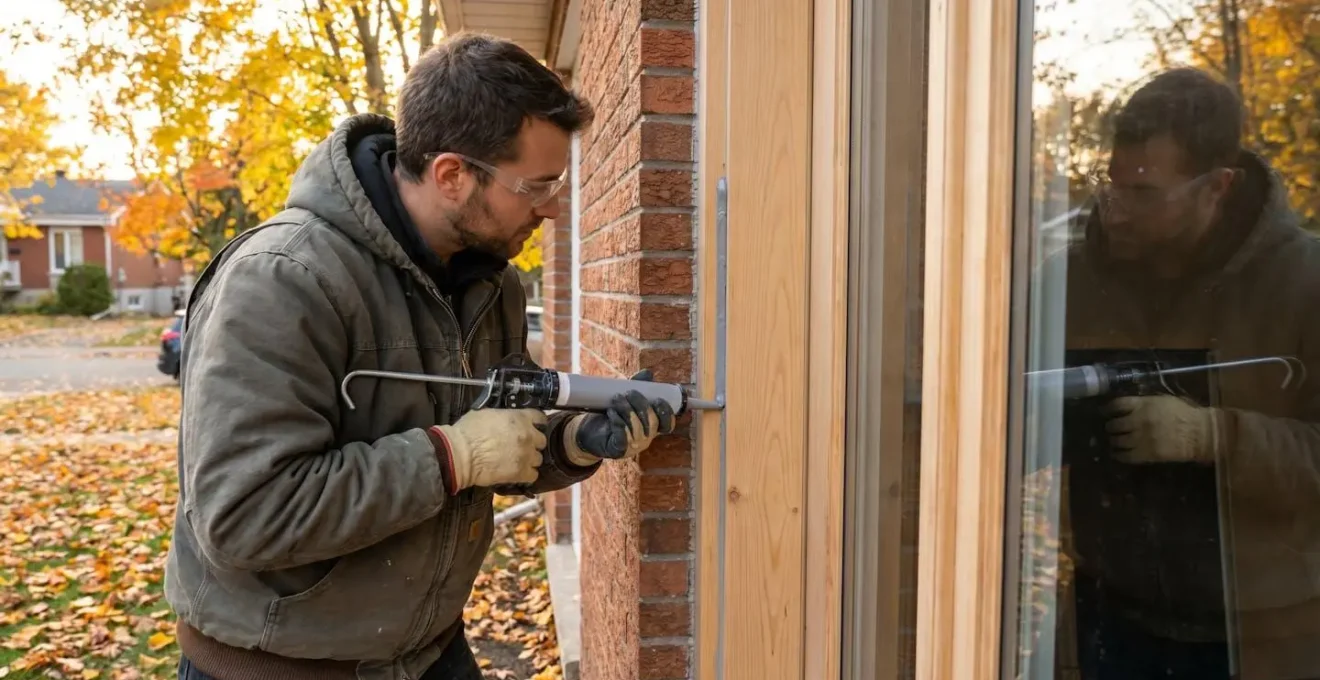 Application professionnelle de scellant sur le joint d'une porte-patio en façade extérieure