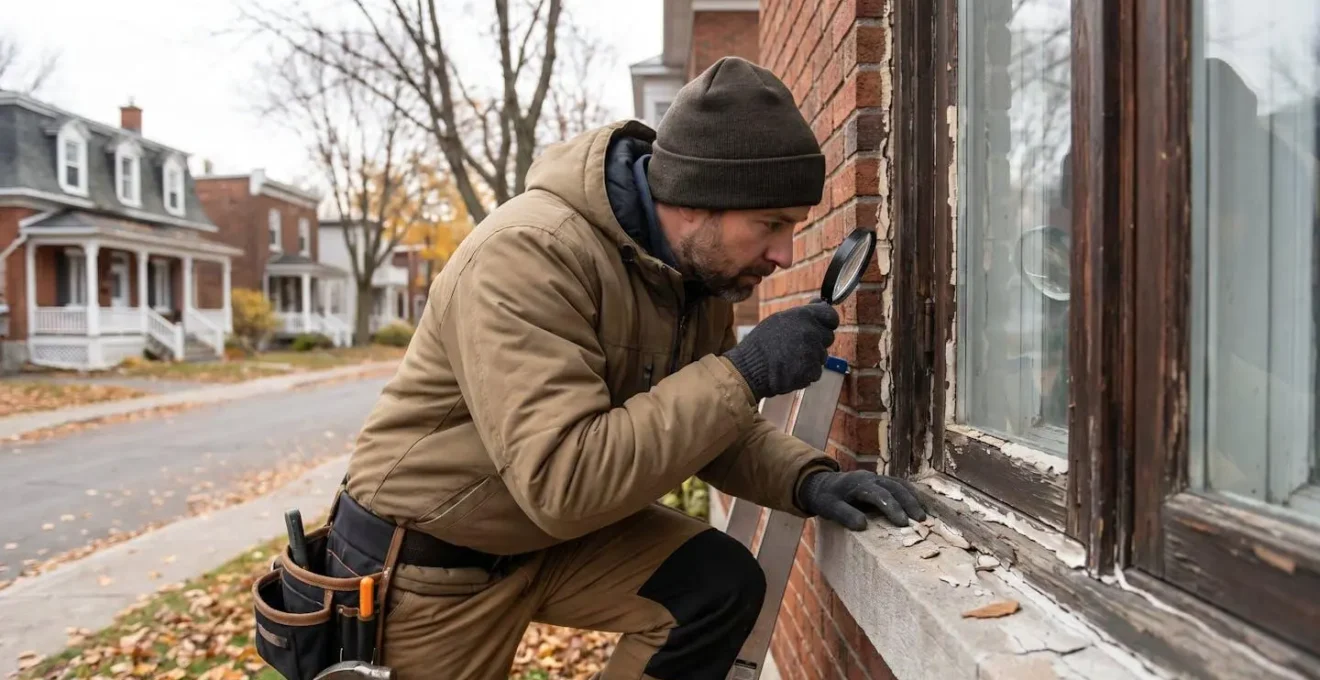 Technicien inspectant les joints de calfeutrage autour d'une fenêtre en hiver à Québec